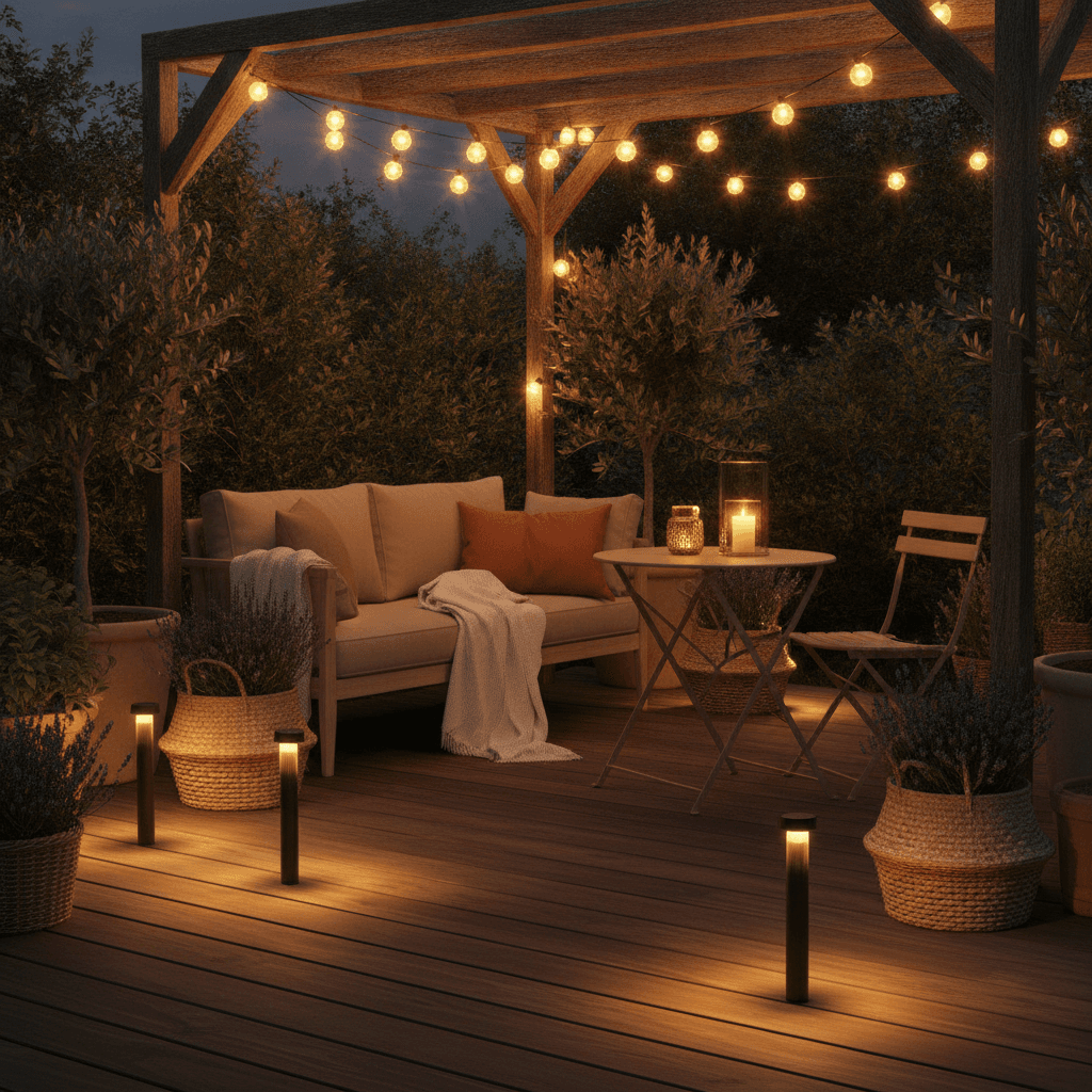 Terrasse éclairée par une guirlande guinguette et des bornes solaires le soir